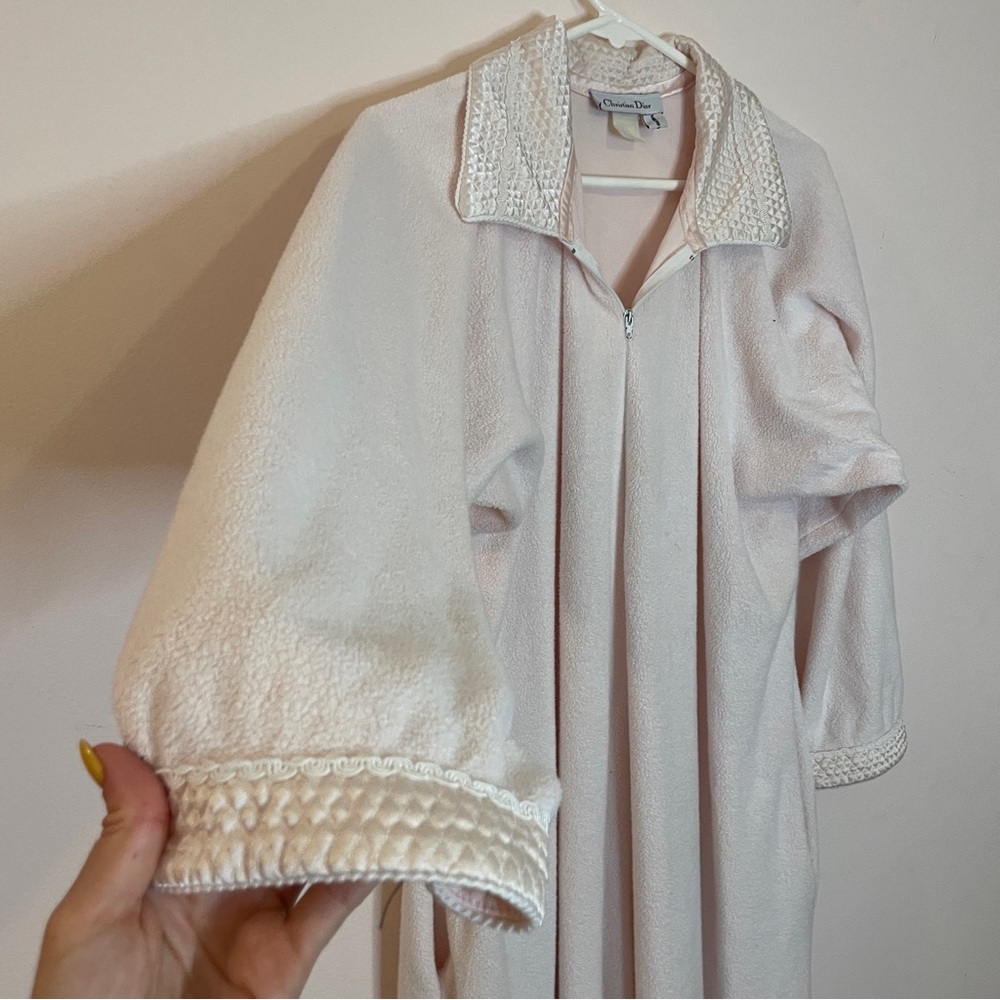Vintage Christian Dior Quilted Zip Robe House Coat Light Pink Cotton Satin S/M